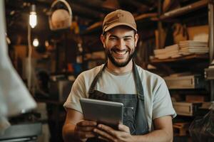 ai generado sonriente hombre en delantal participación tableta en un Tienda foto