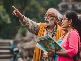 ai generado local guía explicando direcciones a turistas con mapa en ciudad foto