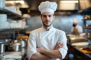 ai generado un masculino cocinero en pie en un comercial cocina foto