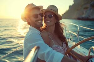 AI generated happy couple are sitting on a boat photo