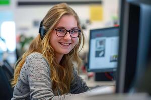 AI generated Cheerful Customer Service Representative with Headset Working at Her Computer photo