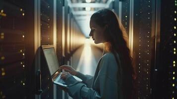 AI generated Female IT Specialist Working on Laptop in High-Tech Data Center photo