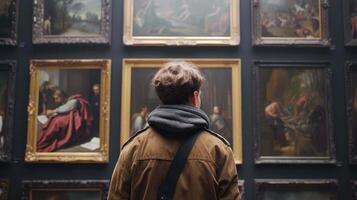 ai generado un hombre mirando a pinturas en un Arte museo foto