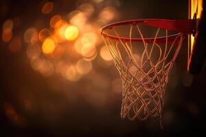 ai generado un baloncesto aro con un red en el oscuro foto