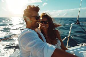 AI generated happy couple are sitting on a boat photo