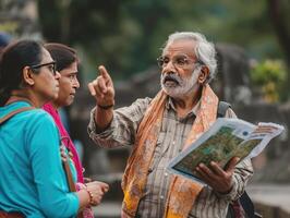 AI generated Local Guide Explaining Directions to Tourists with Map in City photo
