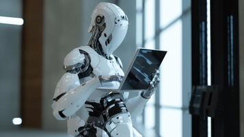 AI generated Futuristic Humanoid Robot Analyzing Data on a Laptop photo