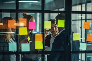 AI generated business people looking at sticky notes on glass wall photo