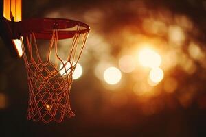 ai generado un baloncesto aro con un red en el oscuro foto