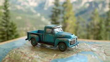 ai generado Clásico azul recoger camión modelo en un vistoso la carretera mapa - viaje y aventuras concepto foto