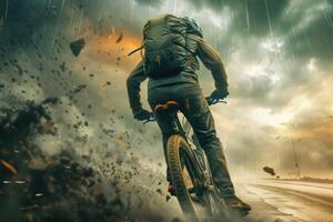 AI generated Resilient Cyclist Braving the Rain on a Dynamic Ride photo