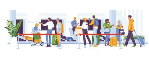 Baggage drop-off at the airport. Service scene with various characters. Vector flat illustration. Travel by plane.