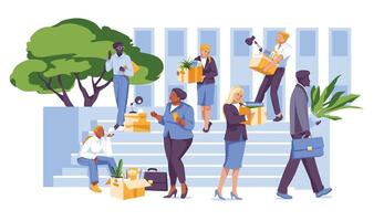 A crowd of various laid-off workers on the steps of a building. Holds boxes of papers with personal belongings. Business and work crisis concept. Vector flat illustration