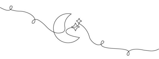 Line drawing of moon icon with stars in retro style. Night sky symbol, continuous editable single line . Vector illustration