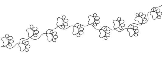 Cat or dog paw print design, continuous line pattern . Diagonal paw prints. Animal footprints drawing with one line. Vector illustration.