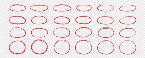 A set of hand-drawn circles.  Circle scribbles for passing a note. Circular logo design elements. Graffiti bubble vector illustration drawn in red pencil or pen .