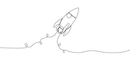 One continuous editable line drawing of a retro spaceship flying upwards. Rocket of a spaceship being launched into space. Single line drawing vector graphic illustration.