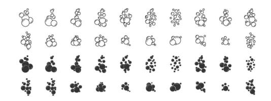 Set of flat linear icons with bubbles. Soap foam, fizzy drink, oxygen bubble Set of silhouette and linear vector icons for design, with editable strokes.