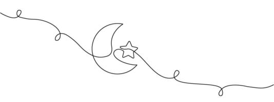 Line drawing of moon with star. Muslim symbol in style of continuous editable linear drawing.Vector illustration. vector