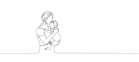 Continuous editable single line illustration of Woman with baby in her arms. Mother's day card in line art style. Vector illustration