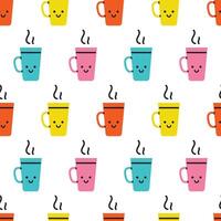 Vector seamless pattern with cute colorful cups of tea or coffee. Funny smiling cups or mugs with hot drink on white background. Wrapping design.