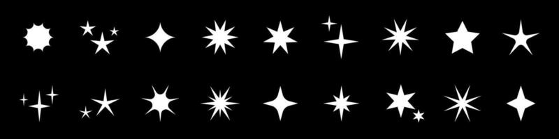 Vector retro set of sparkle icons on black background. Collection of star shapes. Y2k abstract star signs. Abstract cool shine symbols.