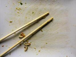 Dirty Empty plates after eat and chopsticks after eating on plate. photo