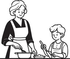 Woman Cooking at Home Drawing. vector