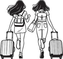 Two Girls Traveling with Luggage. vector