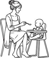 Mother Feed Baby Food Line Drawing. vector