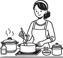 mujer Cocinando a hogar dibujo. vector