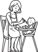 Mother Feed Baby Food Line Drawing. vector