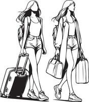 Two Girls Traveling with Luggage.