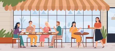 People in outdoor cafe. Man and woman sitting at tables on city street against building facades. Characters eating pizza vector