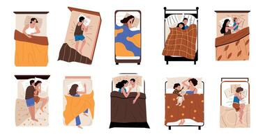 People sleeping in bed. Cartoon characters lying under blankets, dreaming and resting, various young and adult characters in different poses. Vector set