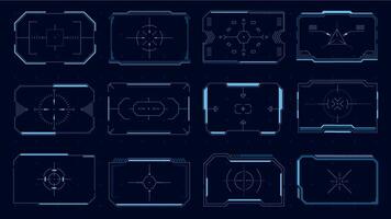 HUD square target. Futuristic user interface frames and borders, Sci-Fi target aim, modern technology viewfinder. Vector digital focus design element collection