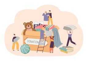 Donation, charity concept. Little female and male characters collecting necessary items to donation box vector