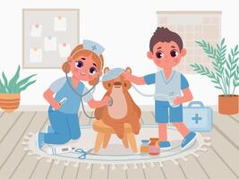 Cartoon kindergarten kids in doctor uniform play hospital for toys. Children treat teddy bear with toy stethoscope and bandage vector scene