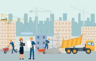 Flat houses construction site. People in uniform and helmets working and building block of flats. Manager and architect vector