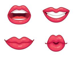 Lips collection. Glossy pink lipstick with different expressions. Kissing, smiling with white teeth, half open vector