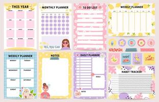 Planner notebook. Decorated daily, monthly and weekly plan template. To do list, schedule and habit tracker. Organizer note pages vector set