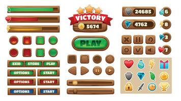 Cartoon game UI. Wooden interface buttons icons panels progress-bars check-box asset, GUI menu and level construction kit. Vector isolated set