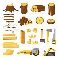 Lumber industry materials and tools. Wood planks, logs, board and tree chips. Axe, chisel, saw, grinder and belt sander. Woodwork vector set