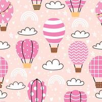 Cute seamless pattern with pink hot air balloons in sky. Childish print with clouds and rainbows. Cartoon dream adventure vector wallpaper