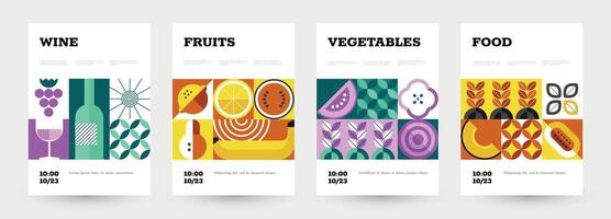 Geometric food poster. Abstract placard with minimalistic fruits and vegetables for food market and grocery. Vector set