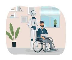 Robot interact with handicapped person. Cartoon cyborg pushing man with arm and leg injuries on wheelchair vector