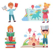 contento niños leer libros. niña sentado en pilas de libros soñando acerca de Reino, imaginando ficticio unicornio vector