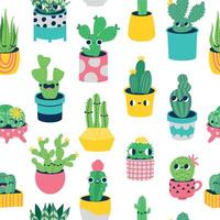 cactus sin costura modelo. linda en conserva plantas con sonriente caras. botánico caracteres con alegre expresiones vector