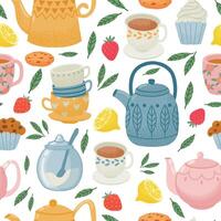 Decorative tea time seamless pattern with teapots, cups and sweets. Morning drink, english breakfast print. Kitchen wallpaper vector design