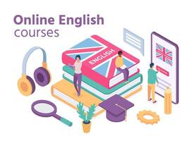 Isometric english courses. Online foreign language school with student learn vocabulary and reading books. Distance education vector concept